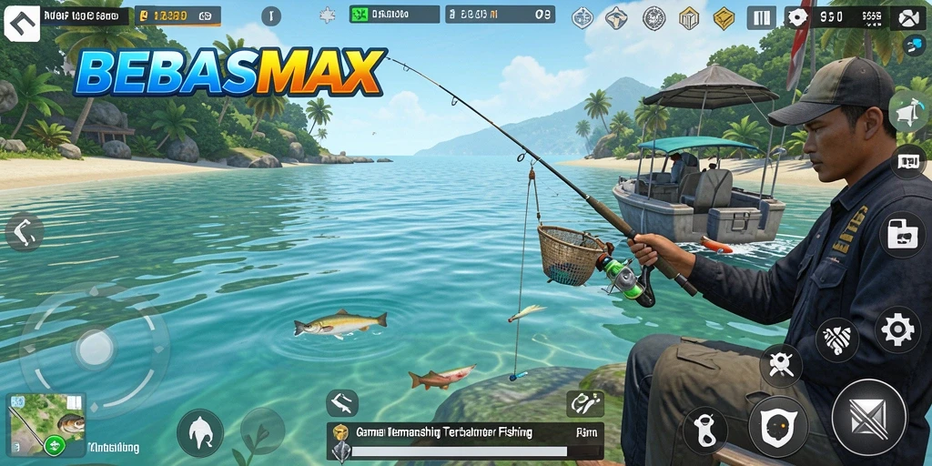 Tampilan utama gameplay BEBASMAX dengan ikan yang menawan.
