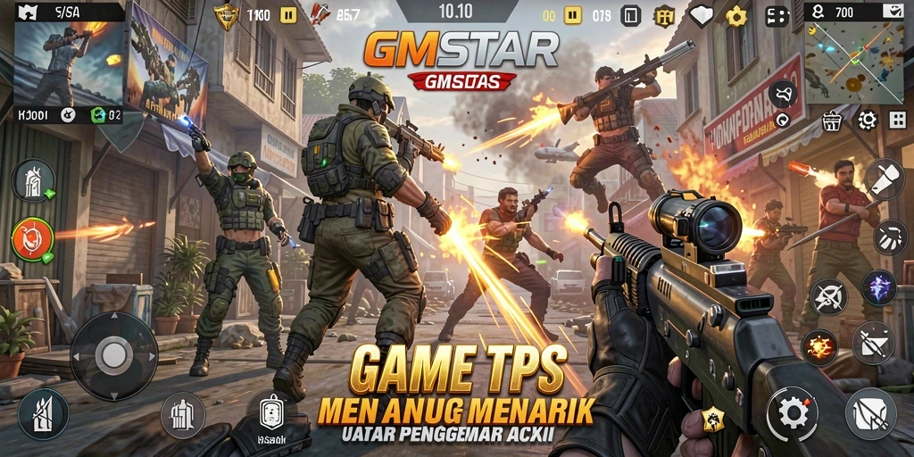 Screenshot aksi mendebarkan di GMSTAR dengan gameplay TPS.