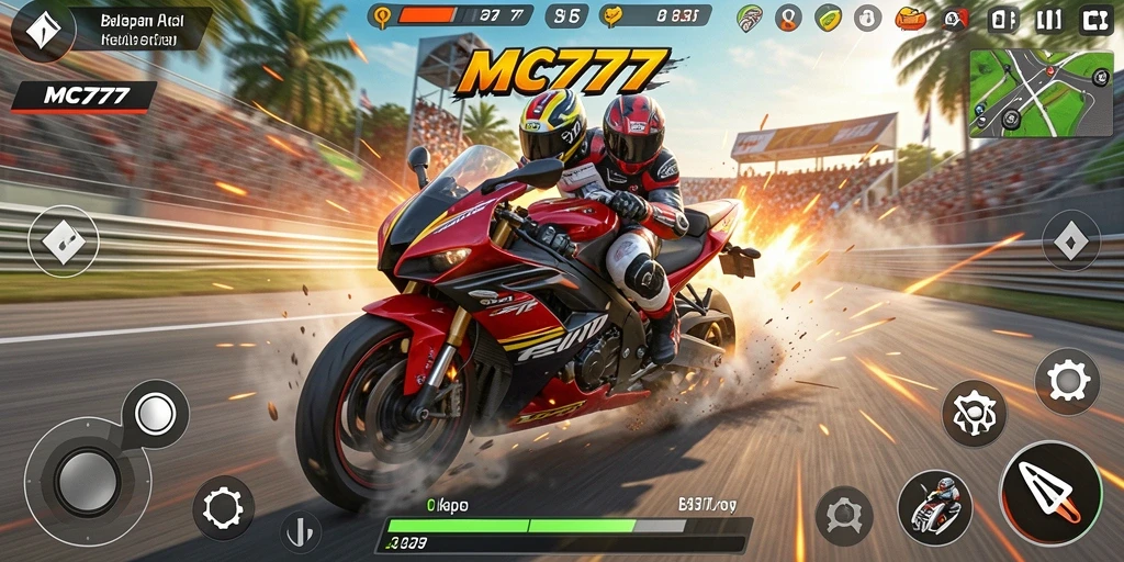Screenshot utama MC777 menampilkan aksi balapan motor yang seru.
