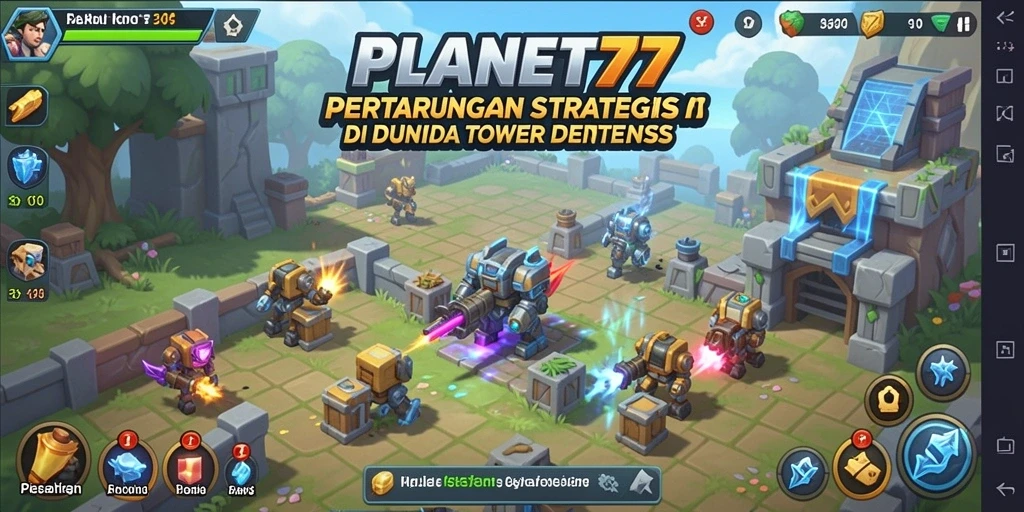 Tangkapan layar gameplay PLANET77 menampilkan menara yang siap bertempur.
