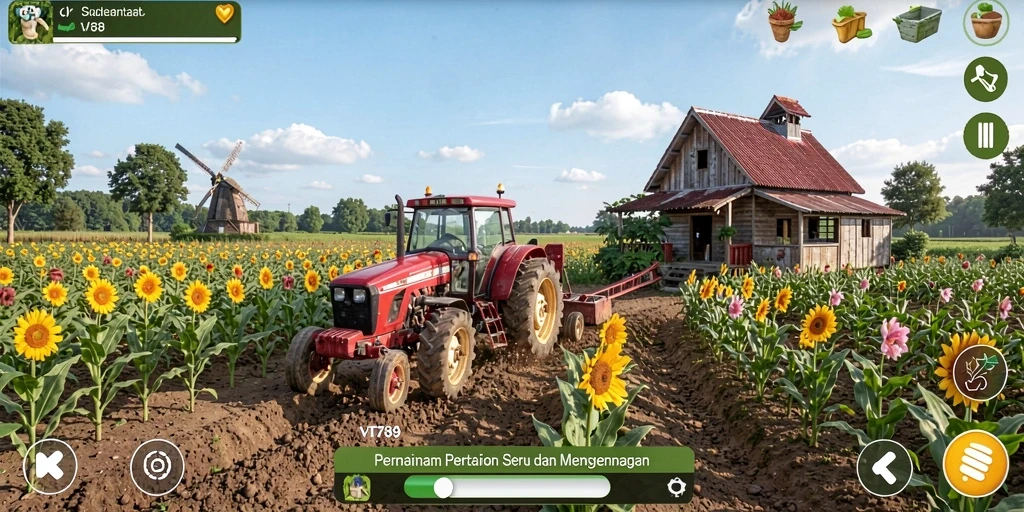 Screenshot utama VT789 menampilkan gameplay pertanian yang mengasyikkan.